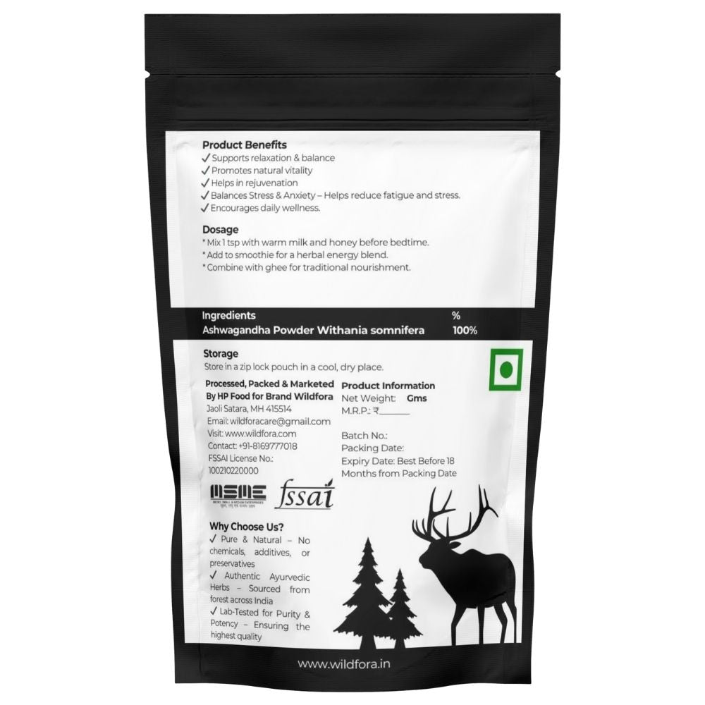 Wildfora Ashwagandha Powder – also known as Asgandh, Indian Ginseng, Winter Cherry, अश्वगंधा (Hindi), असगंध (Gujarati), அமுக்கரா (Tamil). A wild forest-inspired herbal product for natural wellness.