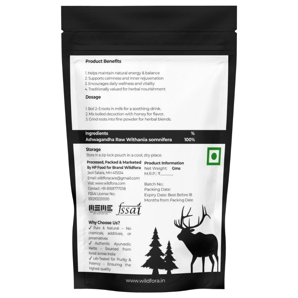 Ashwagandha roots, Wildfora Ashwagandha, Withania somnifera roots, natural adaptogen herb, Ayurvedic roots, herbal raw sticks, forest-inspired herbs, Indian ginseng roots, botanical root powder, herbal vitality product