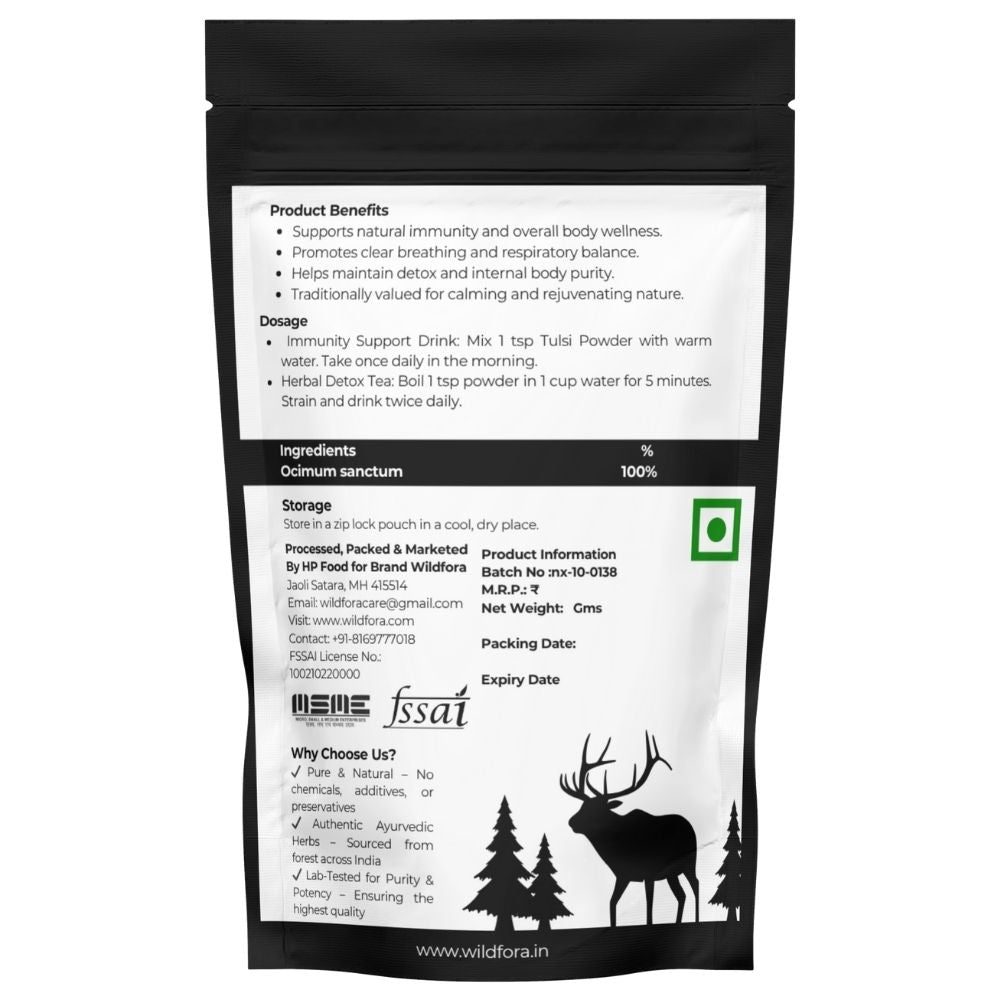 Wildfora Basil Leaf Powder, Tulsi Patta Powder, तुलसी पत्ता पाउडर, Ocimum sanctum, Tulsi Leaf Powder, Holy Basil Powder, Sacred Basil, Herbal Tulsi Churna, Wildforest Herbal, Wildfora Herbal Product, Organic Tulsi Powder, Natural Basil Leaf, Ayurvedic Tulsi Churna, Herbal Basil Leaf Powder, Wildfora Tulsi Herbal, Wild Forest Herbal Product, Basil Patta Powder, Wildfora Holy Basil Leaf Powder.