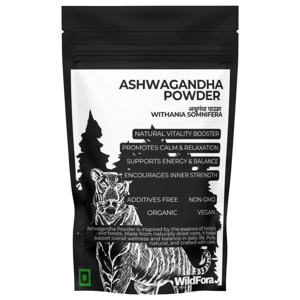 Wildfora Ashwagandha Powder – also known as Asgandh, Indian Ginseng, Winter Cherry, अश्वगंधा (Hindi), असगंध (Gujarati), அமுக்கரா (Tamil). A wild forest-inspired herbal product for natural wellness.